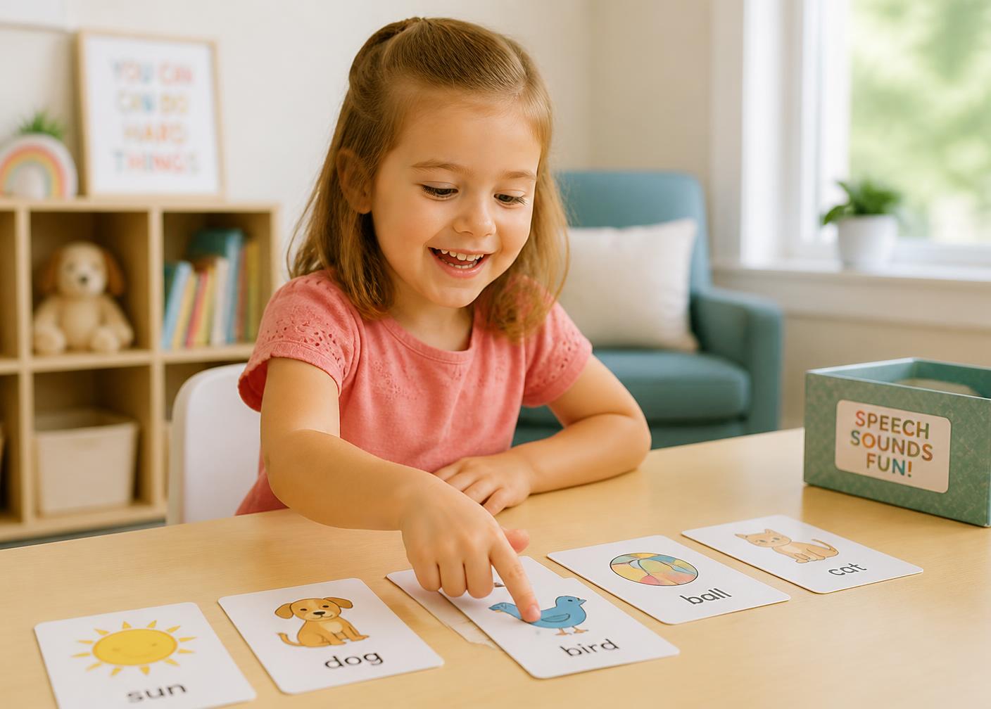 A young child smiling while pointing at picture cards during a speech therapy session
